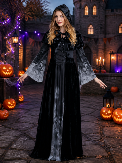 Women's Witch Costume Dress with Hooded Cape and Skull Print Bell Sleeves Costume Dresses detail 2