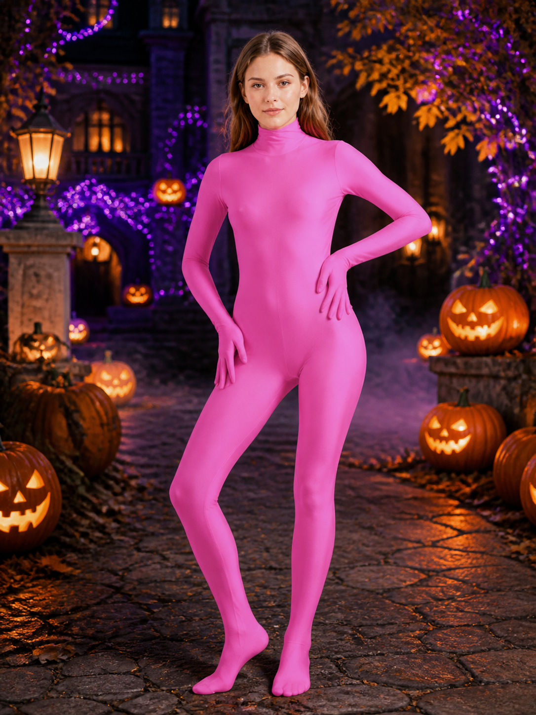 Men's Pink Invisible Man Bodysuit Costume for Halloween on-model Halloween scene view
