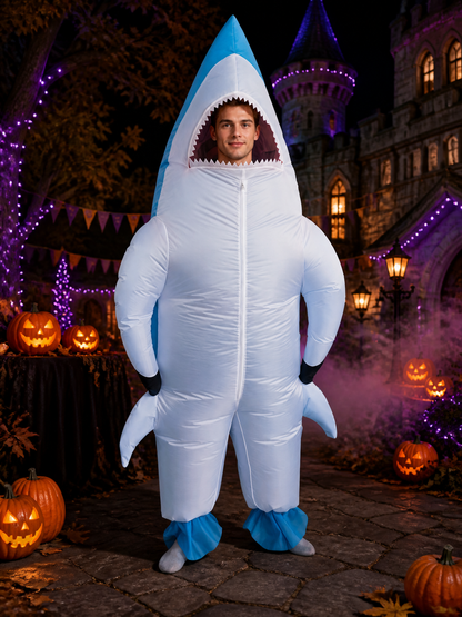 Shark Costume Jumpsuit with Fins and Teeth, Halloween Outfit for Adults Costumes detail 2