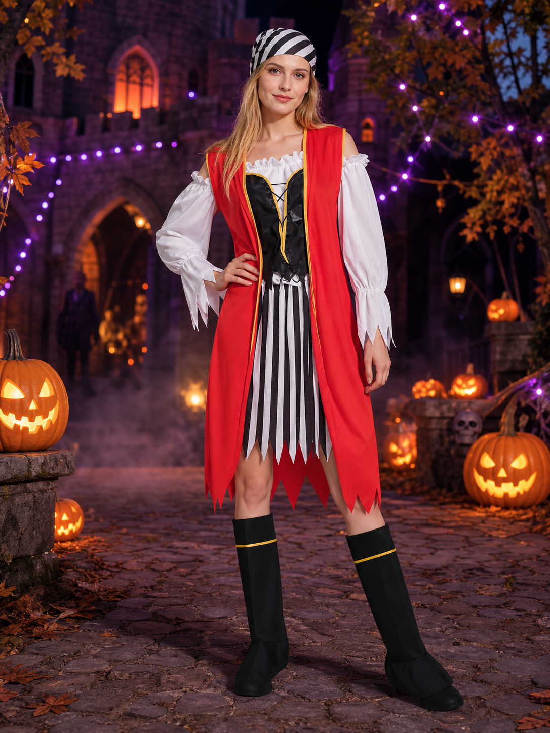 Women's Pirate Costume Set with Striped Dress, Red Cape, Headscarf and Boot Costume Dresses detail 2