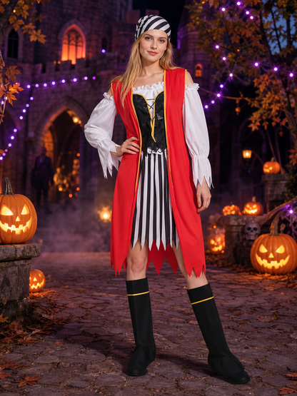 Women's Pirate Costume Set with Striped Dress, Red Cape, Headscarf and Boot Costume Dresses detail 2