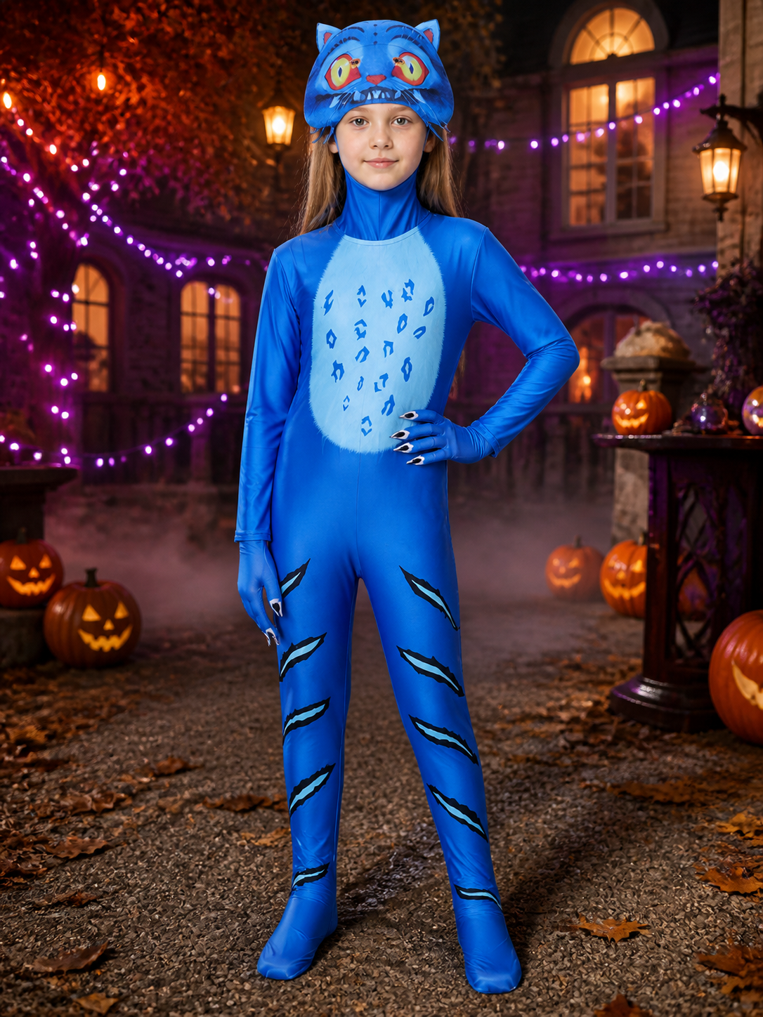 Kids Blue Tiger Animal Costume Bodysuit Set with Hood and Gloves, Paw Print on-model Halloween scene view