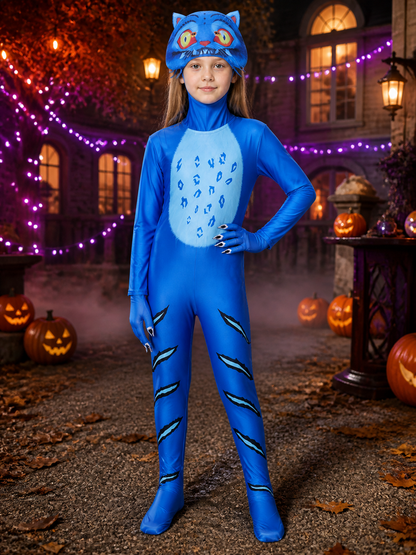 Kids Blue Tiger Animal Costume Bodysuit Set with Hood and Gloves, Paw Print on-model Halloween scene view