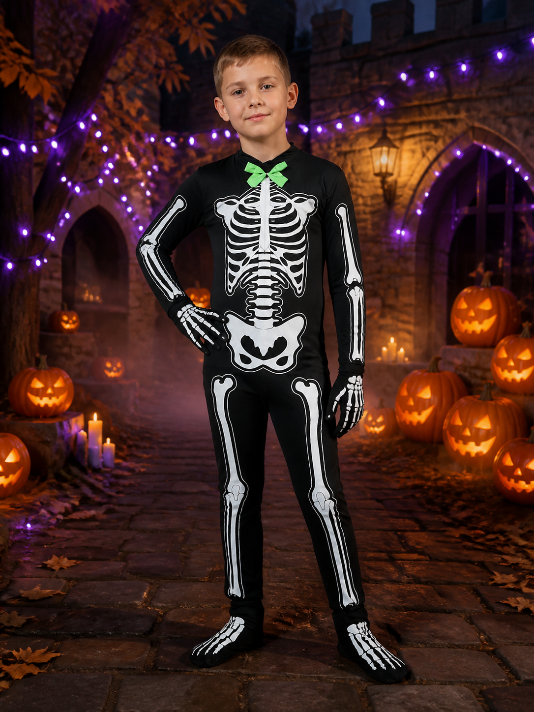 Kids Skeleton Bodysuit Halloween Costume, Black with White Bone Print and Green Costumes detail 2