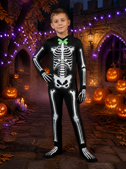 Kids Skeleton Bodysuit Halloween Costume, Black with White Bone Print and Green Costumes detail 2