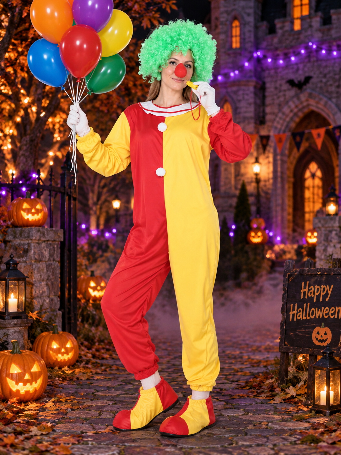 Adult Clown Costume Red and Yellow with Wig and Mask