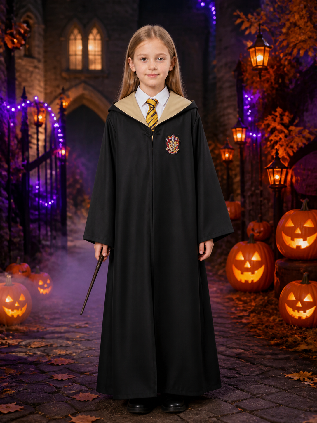 Hufflepuff Wizard Robe Costume Set, Hooded Long Cloak With Tie Costume Capes detail 2