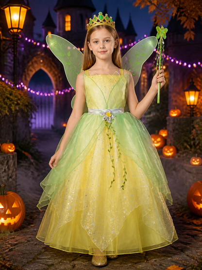 Girls Fairy Princess Costume Dress with Sparkling Tulle and Leaf Vine Pattern Costume Dresses detail 2