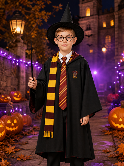 Wizard Costume Set, Hooded Cloak, Pointed Hat, Tie, Scarf, Wand and Glasses for
