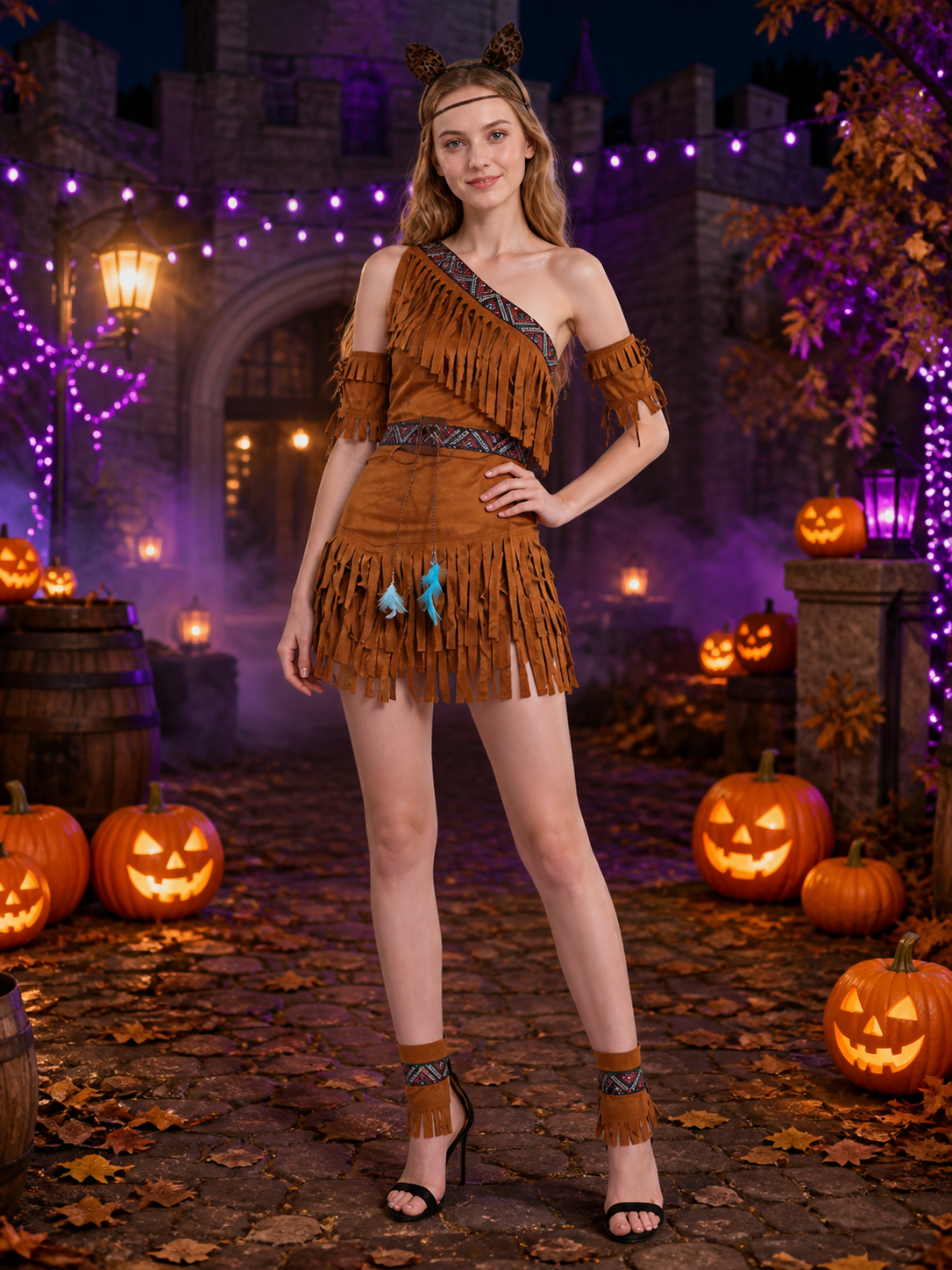 One-Shoulder Fringe Costume Set with Headband, Arm and Leg Bands, Halloween Costume Headwear detail 2