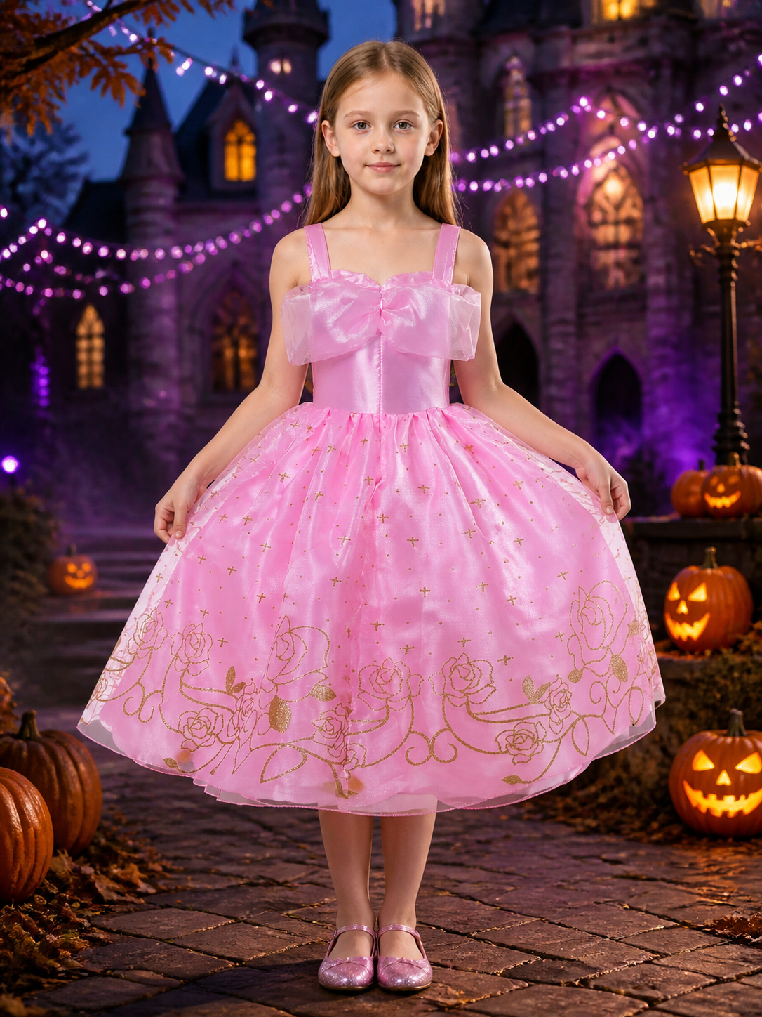 Girls Pink Princess Costume Dress, Tutu with Bow and Gold Star Rose Print Costume Dresses detail 2