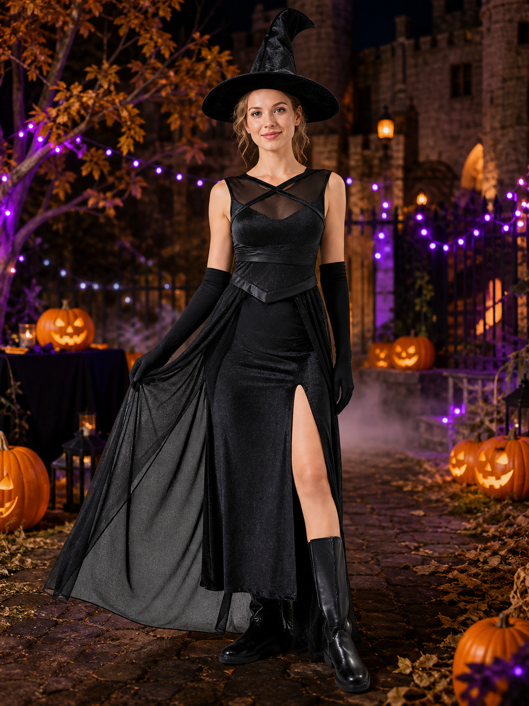 Witch Costume with Chiffon Skirt and Hat Costume Headwear detail 2