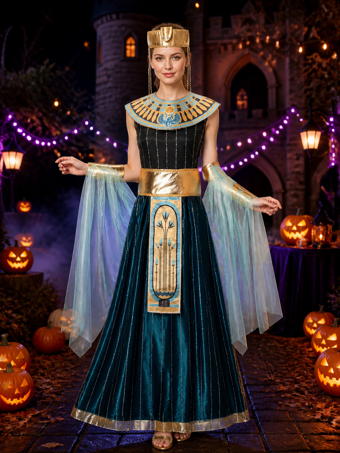 Women's Egyptian Cleopatra Halloween Costume Set, Sequin Dress with Fan Collar on-model Halloween scene view