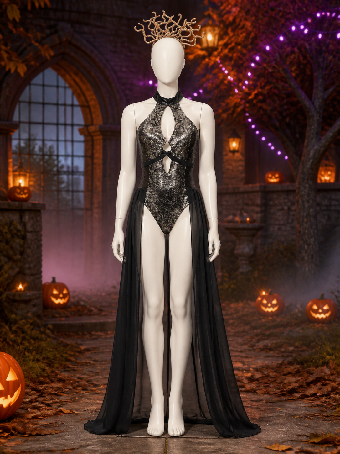 Egyptian Queen Bodysuit Costume With Cutout Design, Headpiece And Sheer Side Costume Headwear detail 2
