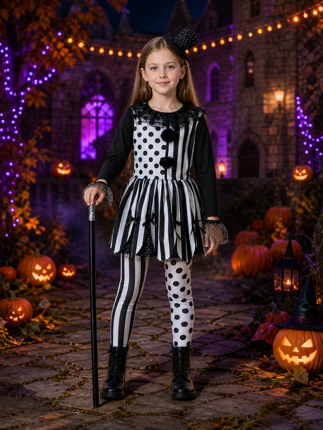 Girls Clown Circus Costume Set - Black & White Tutu Dress, Pants, Headpiece & Costume Dresses detail 2