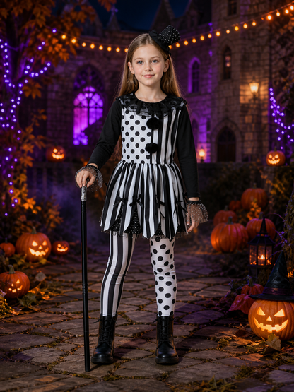 Girls Clown Circus Costume Set - Black & White Tutu Dress, Pants, Headpiece & Costume Dresses detail 2