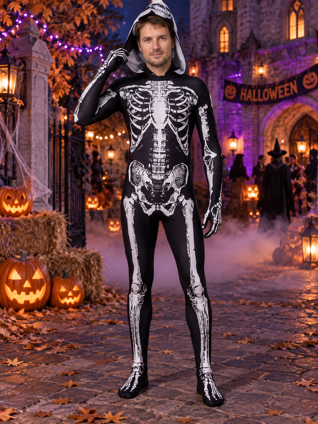 Black and White Skeleton Costume Hooded Jumpsuit with Print