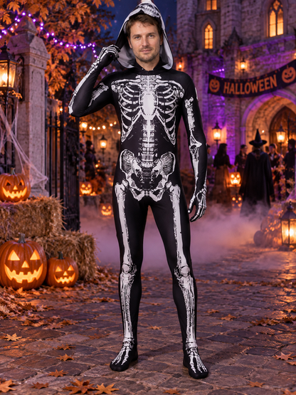 Black and White Skeleton Costume Hooded Jumpsuit with Print