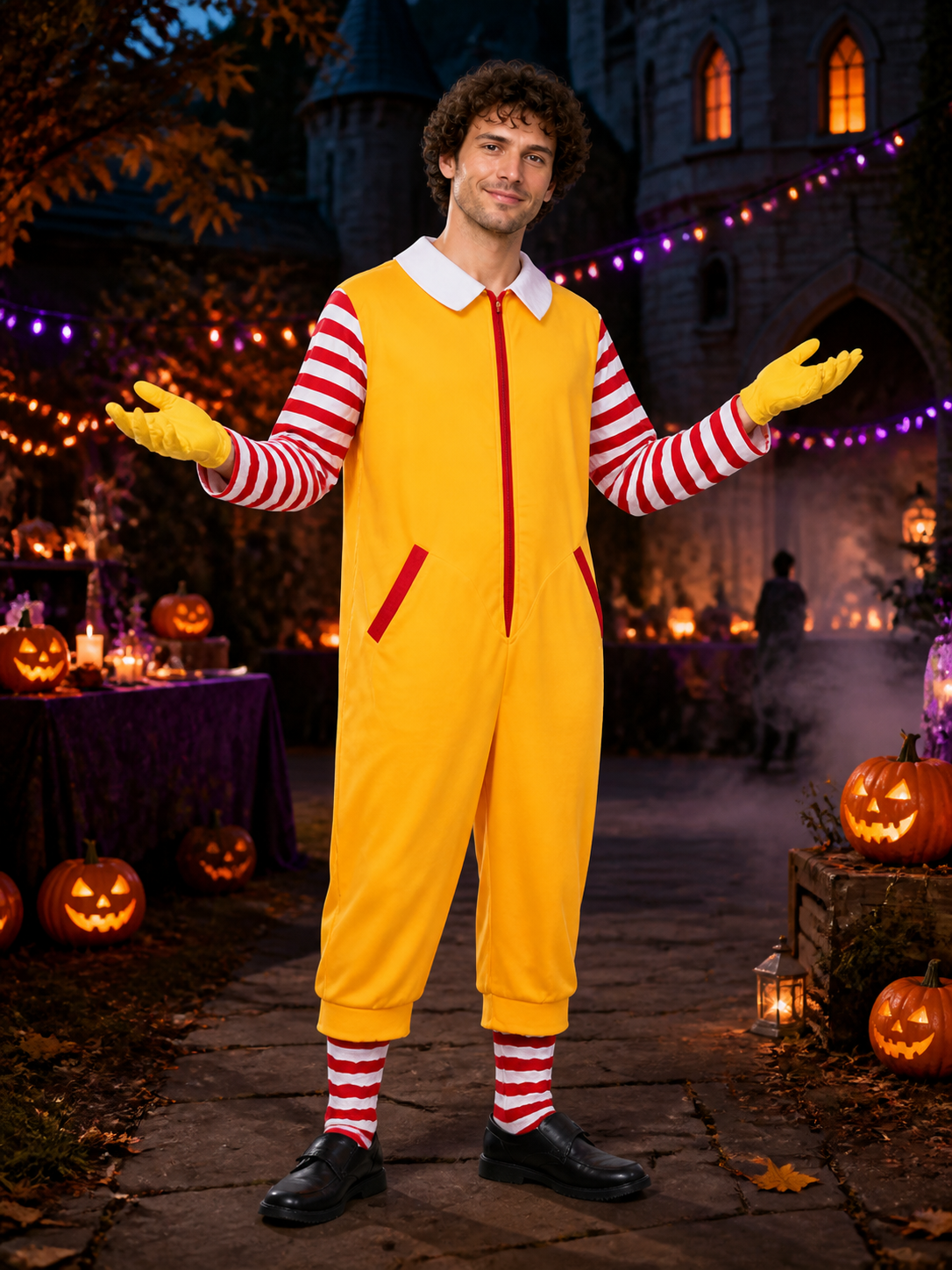 Halloween Clown Jumpsuit Costume, Orange-Yellow with Red and White Striped Costumes detail 2