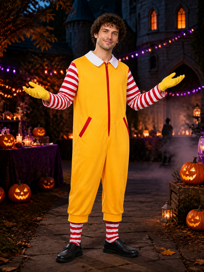 Halloween Clown Jumpsuit Costume, Orange-Yellow with Red and White Striped Costumes detail 2
