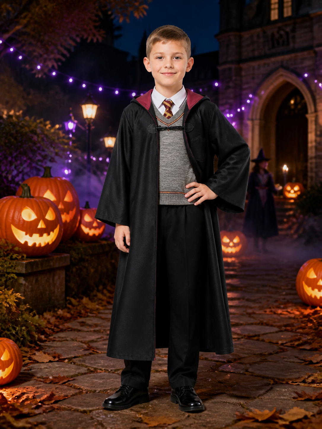Kids Wizard Costume Set With Hooded Robe, Vest And Pants Costumes detail 2
