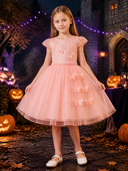 Baby Girls' Pink Princess Formal Dress, Short Sleeves, Layered Tulle Skirt, Bow Costume Dresses detail 2