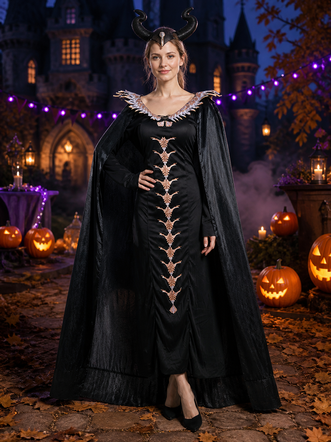 Gothic Halloween Witch Costume with Cape