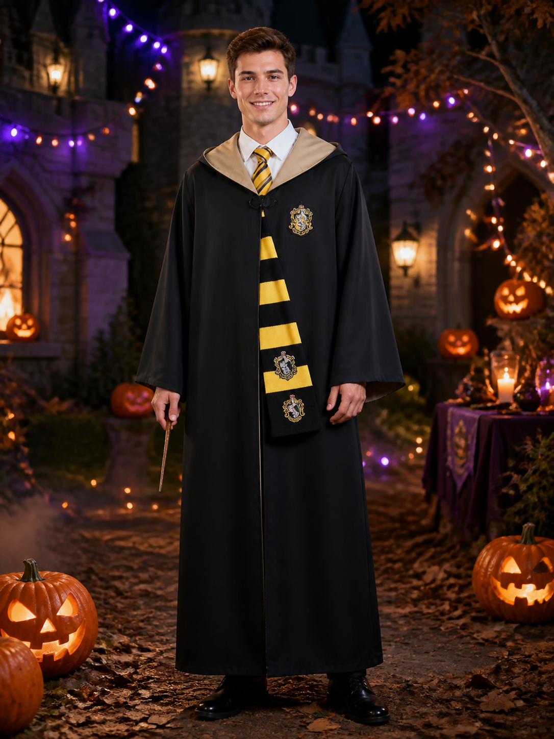 Hufflepuff Wizard Robe Costume Set with Hooded Cloak, Tie and Scarf Costume Capes detail 2