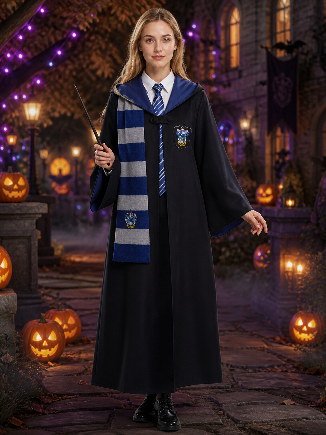 Dark Blue Academic Wizard Costume Set With Robe, Tie, And Scarf Costumes detail 2