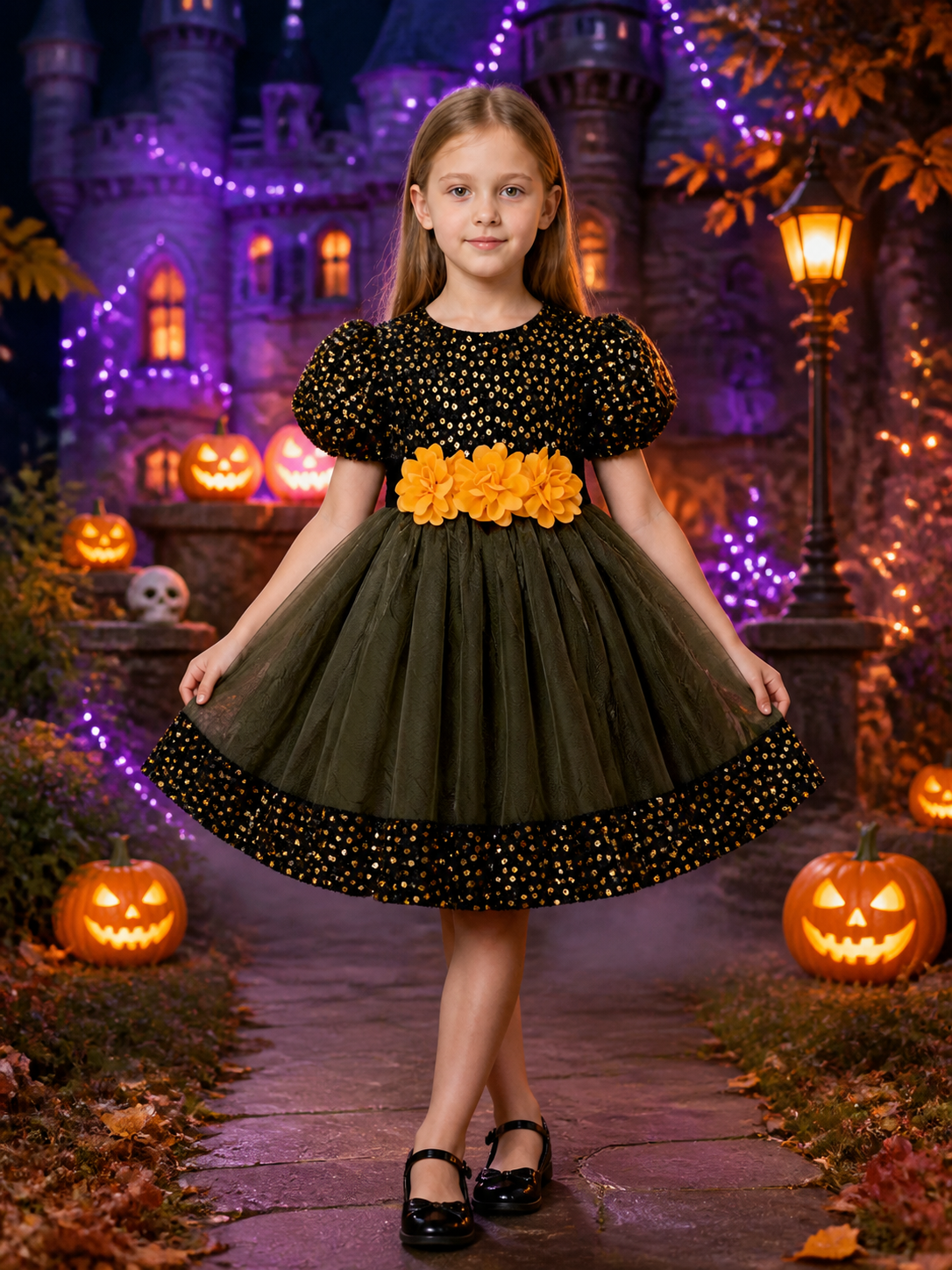 Baby Girls' Sequined Princess Dress with 3D Flowers and Tulle Skirt Costume Dresses detail 2