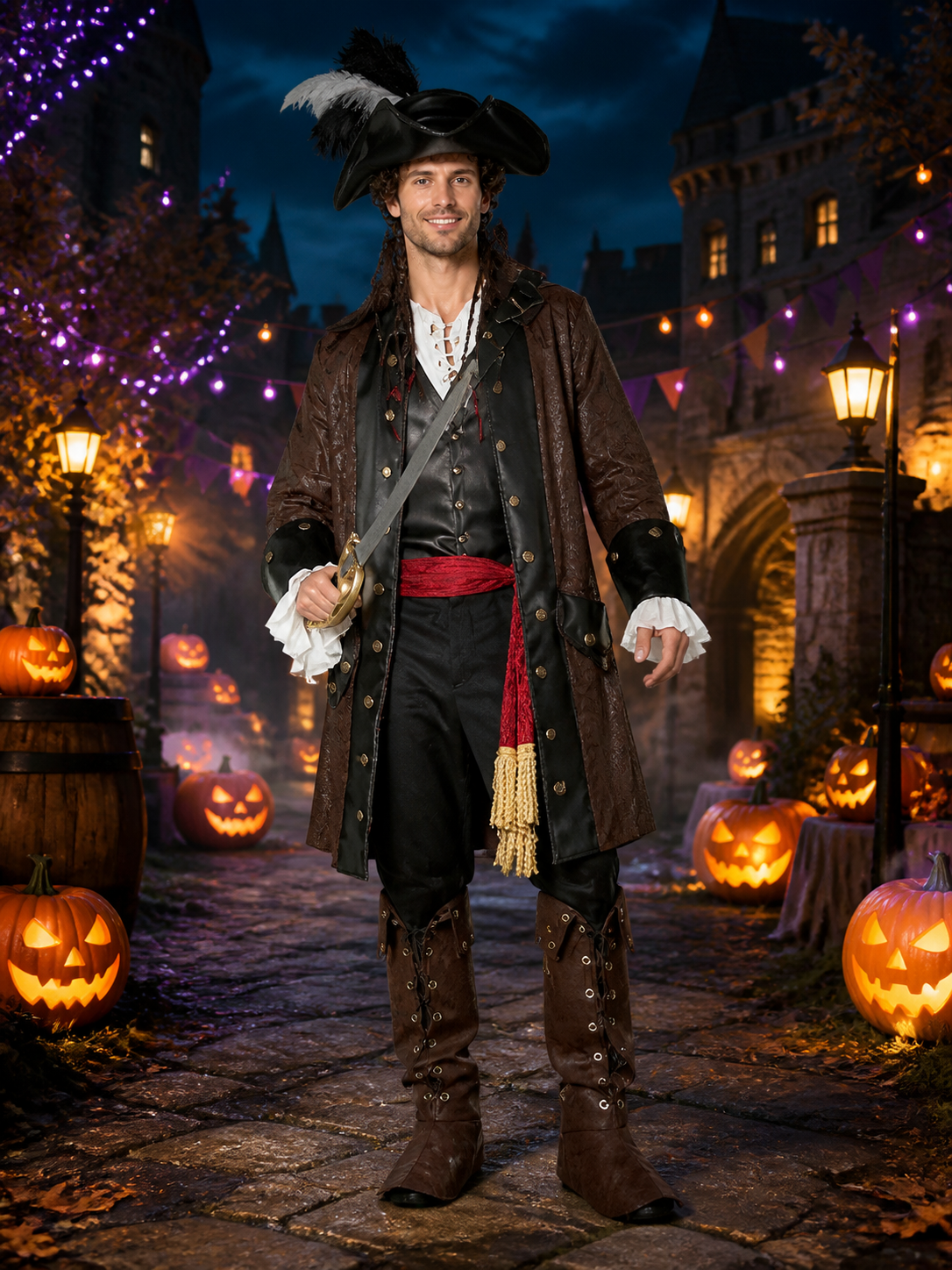Adult Pirate Costume Set with Tricorn Hat, Long Coat, Belt and Boot Covers Costume Headwear detail 2