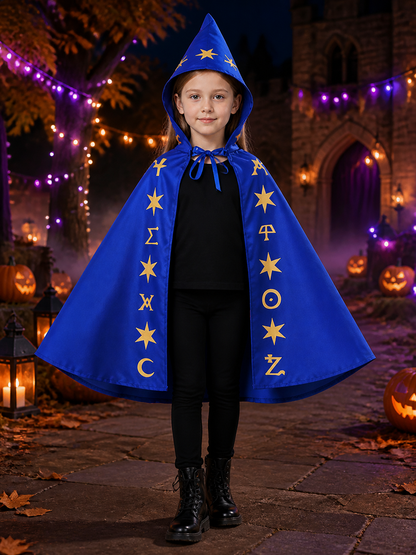 Blue Wizard Costume Set with Pointed Hat and Star-Patterned Cape Costume Capes detail 2