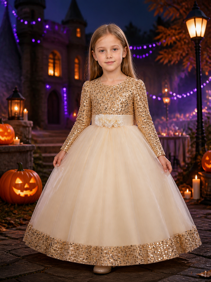 Girls' Champagne Princess Dress, Long Sleeve Sequin Flower Halloween Costume Costume Dresses detail 2