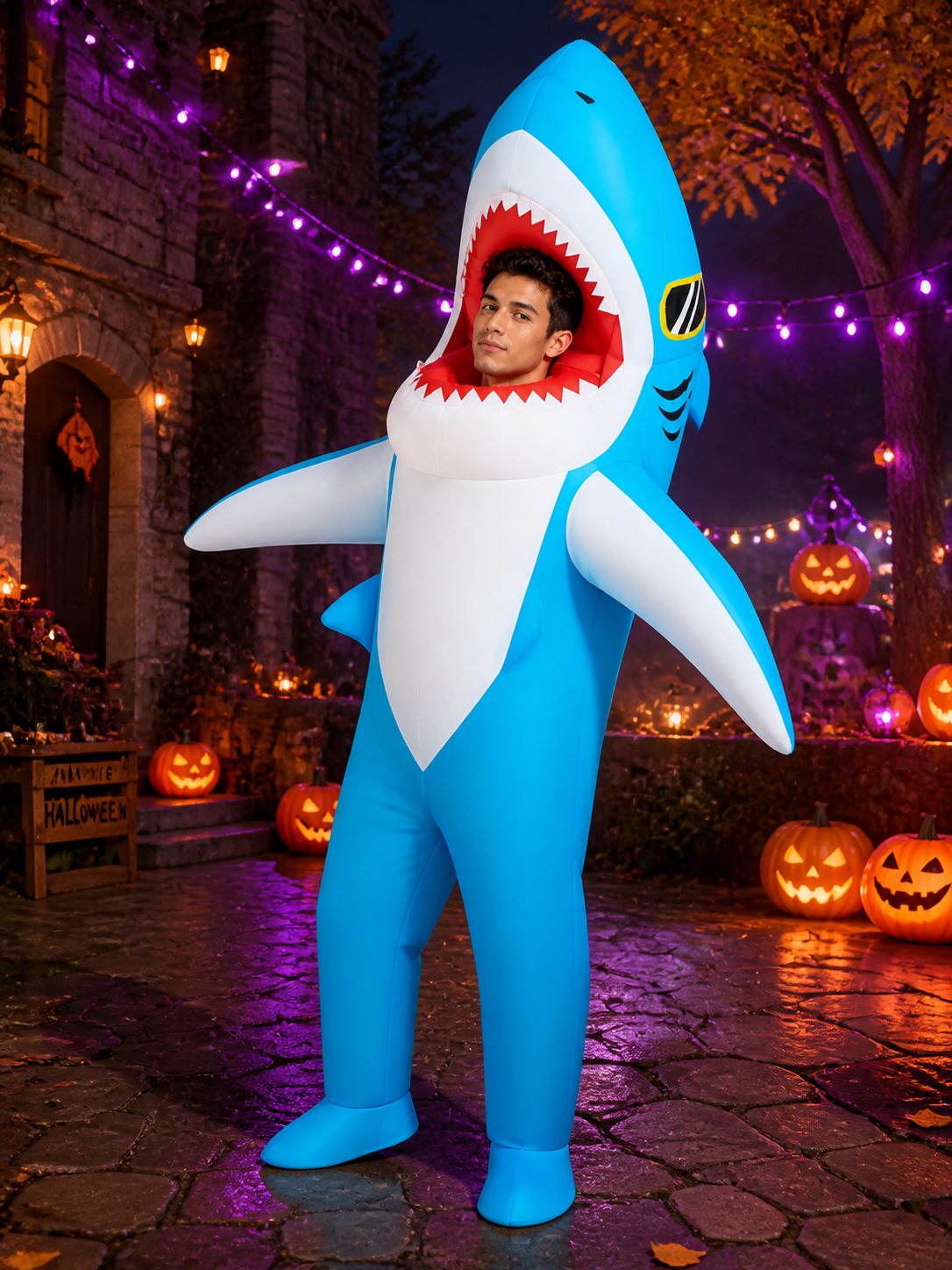 Unisex Adult Shark Costume Jumpsuit with Fins and Tail, Blue White Halloween Costumes detail 2