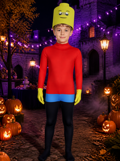 Block Figure Bodysuit Costume with Headpiece, Red Blue Black Printed Halloween Costume Headwear detail 2