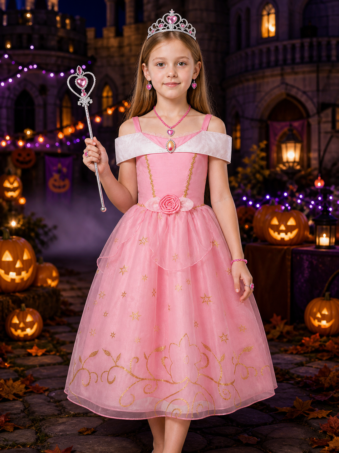 Girls Princess Aurora Dress Costume Set with Crown and Magic Wand, Pink Tutu Costume Dresses detail 2