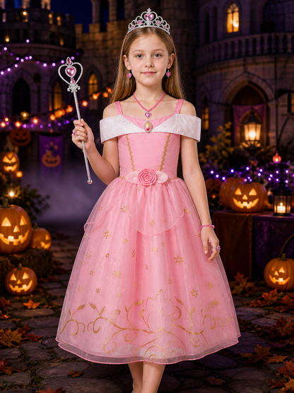 Girls Princess Aurora Dress Costume Set with Crown and Magic Wand, Pink Tutu Costume Dresses detail 2