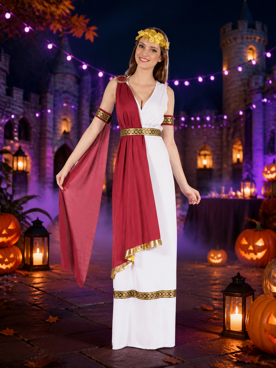 Greek Princess Costume Set, Sleeveless Long Dress with One-Shoulder Cape Costume Dresses detail 2
