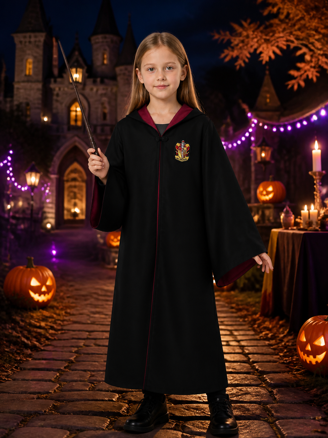 Black Hooded Wizard Robe Costume Set With Crest And Magic Wand Costume Accessories detail 2