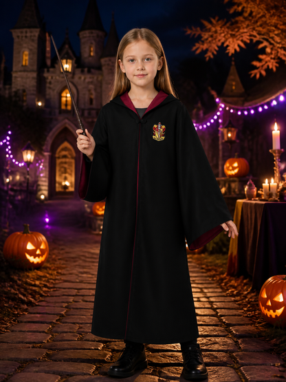 Black Hooded Wizard Robe Costume Set With Crest And Magic Wand Costume Accessories detail 2