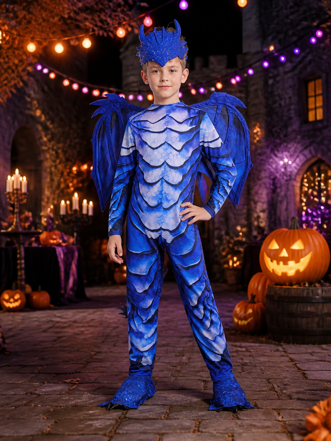 Kids' Ice Dragon Costume, Blue Dragon Bodysuit with Wings, Horns & Tail Costumes detail 2