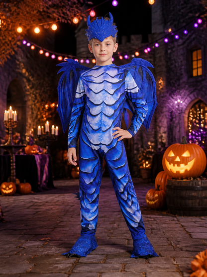 Kids' Ice Dragon Costume, Blue Dragon Bodysuit with Wings, Horns & Tail Costumes detail 2