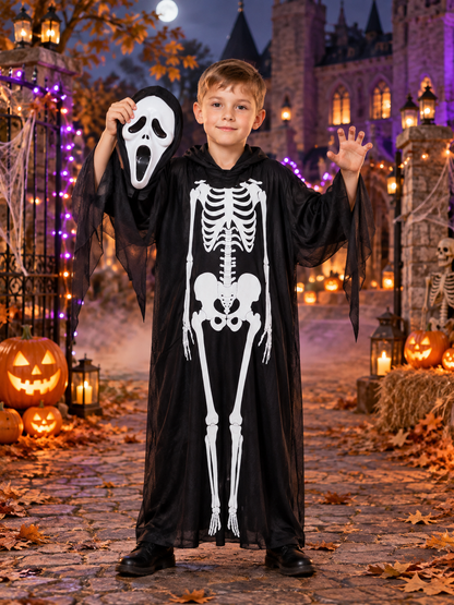 Skeleton Costume with Mask, Black Hooded Robe