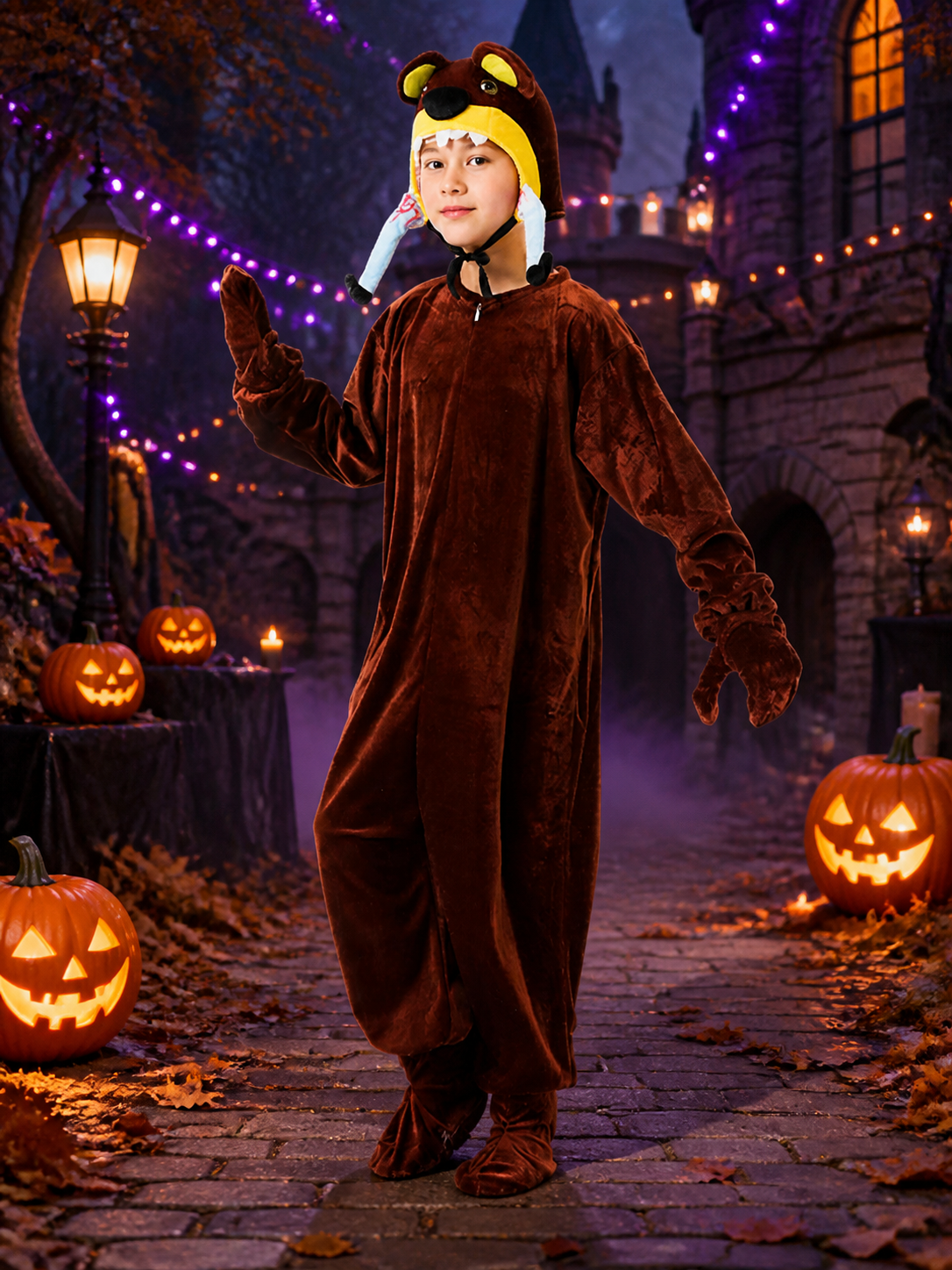 Kids Animal Onesie Costume, Brown Bear Hooded Jumpsuit with Paws for Halloween Costumes detail 2