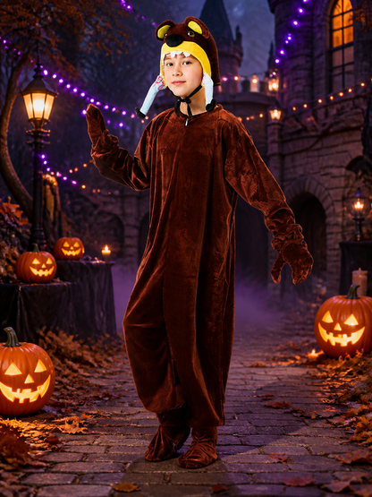 Kids Animal Onesie Costume, Brown Bear Hooded Jumpsuit with Paws for Halloween Costumes detail 2
