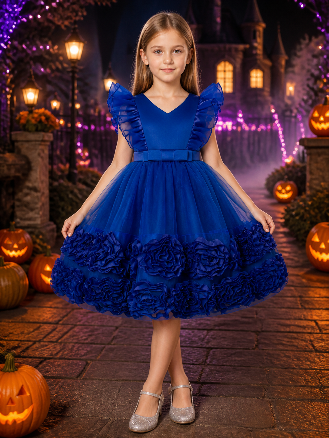 Toddler Girls' Blue Princess Dress, Ruffled Tulle Party Gown with Bow Costume Dresses detail 2