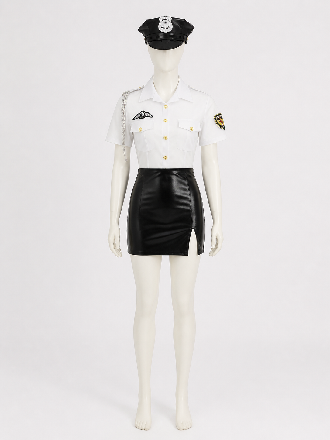 Women's Sexy Police Officer Costume Set - White Top & Black Skirt with Gold Costumes detail 2