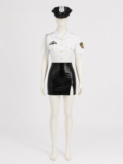 Women's Sexy Police Officer Costume Set - White Top & Black Skirt with Gold Costumes detail 2