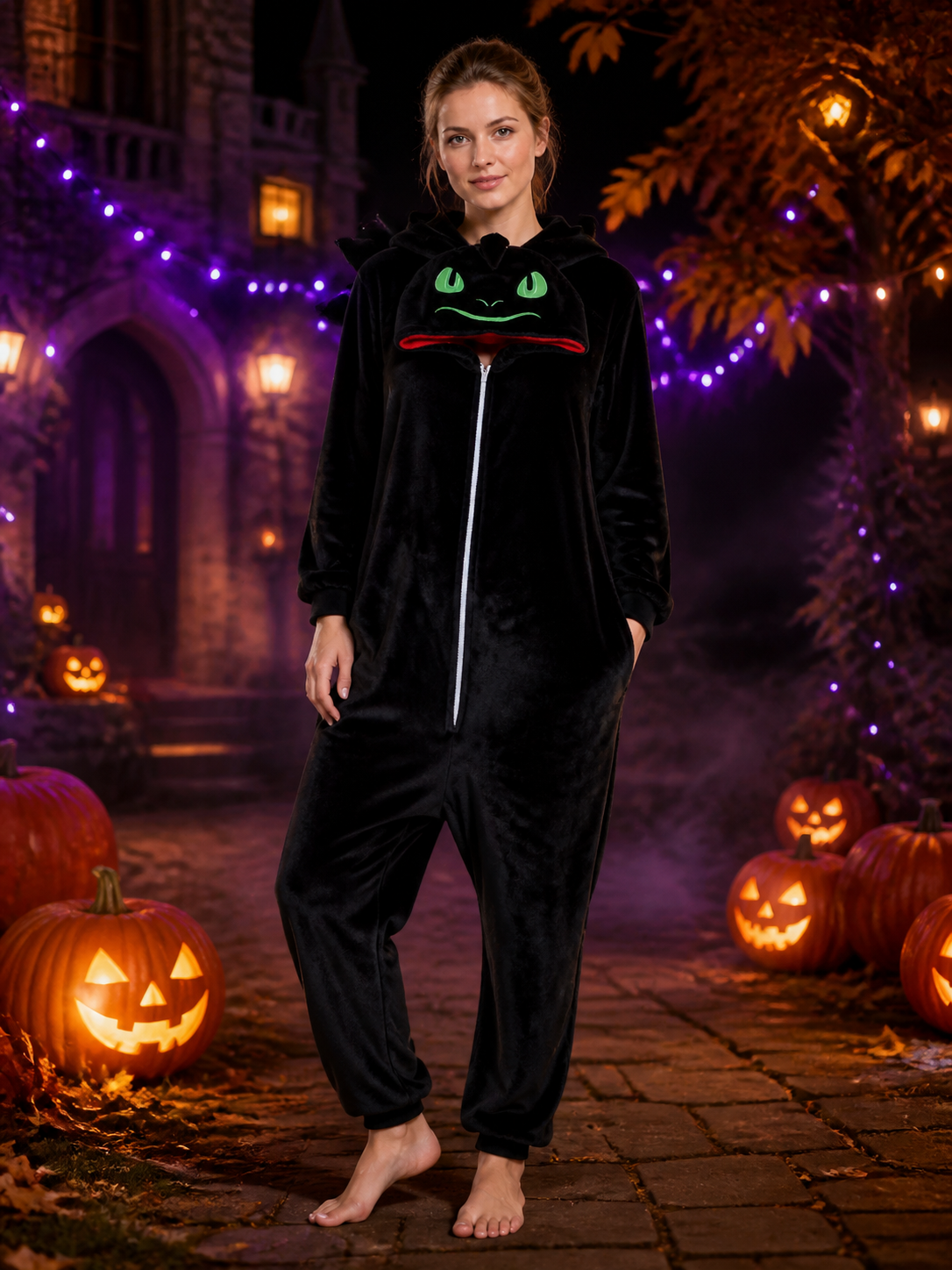 Black Dragon Animal Jumpsuit Costume, Hooded Long-Sleeve One-Piece Outfit Costumes detail 2