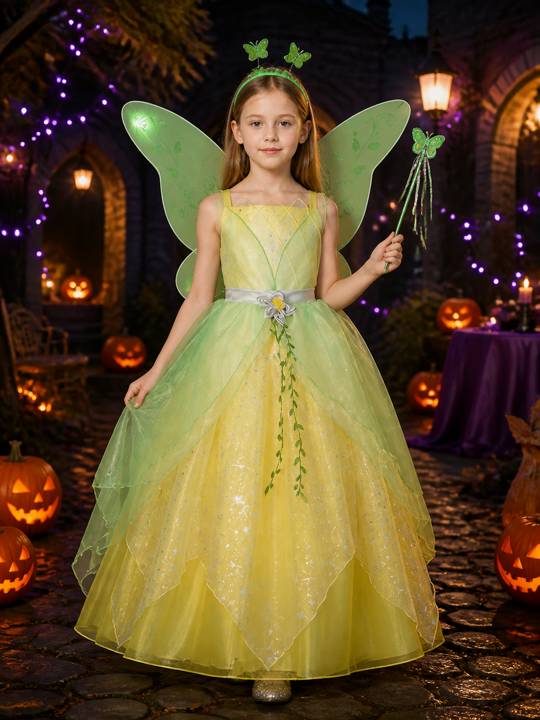 Girls Fairy Princess Costume Dress With Green Wings And Sequined Tulle Skirt Costume Dresses detail 2